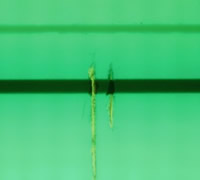 Parallel cuts across the copper trace, fluorescence